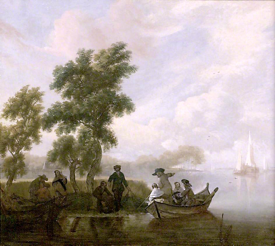 Lake Scene with a Fishing Party, vintage artwork by Jacob Esselens, 12x8" (A4) Poster