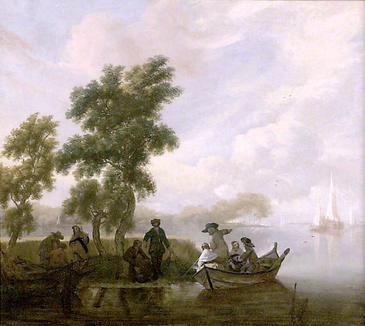 Lake Scene with a Fishing Party, vintage artwork by Jacob Esselens, 12x8" (A4) Poster