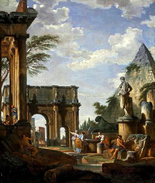 A capriccio of the Roman forum, with the Arch of Constantine, vintage artwork by Giovanni Paolo Panini, 12x8" (A4) Poster