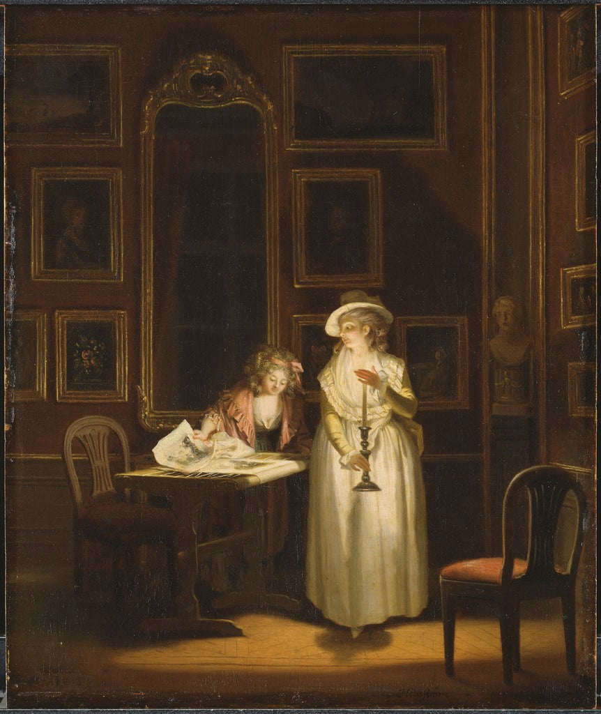 Two women inspecting a picture by  candle-light, vintage artwork by Pehr Hilleström, 12x8" (A4) Poster