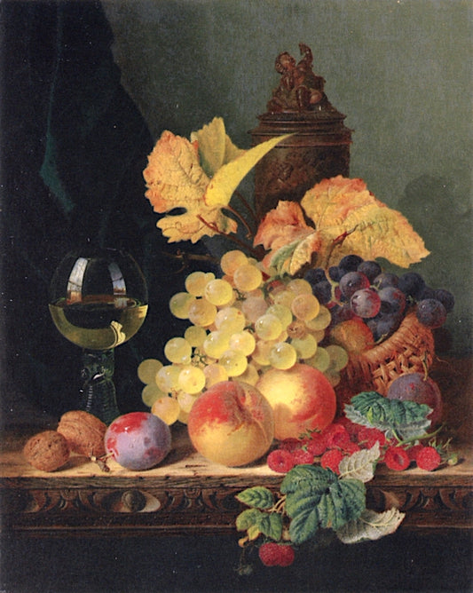 A Roemer, Grapes, Peaches, Plums, Raspberries and Walnuts on a Wooden Ledge, vintage artwork by Edward Ladell, A3 (16x12") Poster Print
