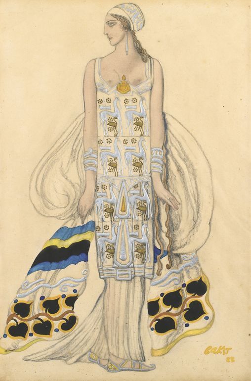 Costume design for Ida Rubinstein in Phèdre, vintage artwork by Leon Bakst, 12x8