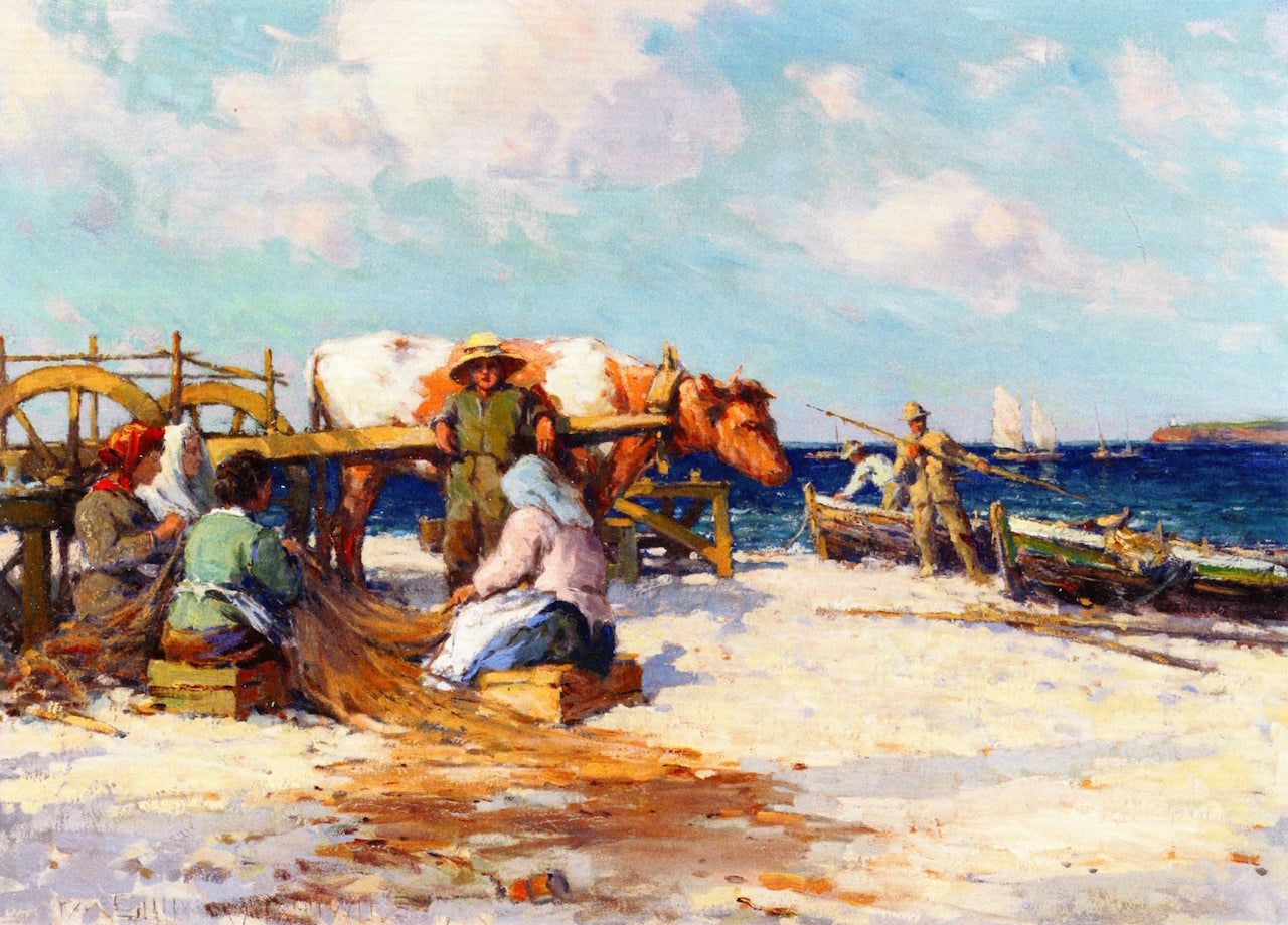 en Mending Nets on the Beach by Farquhar McGillivray Knowles,A3(16x12")Poster