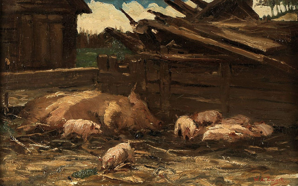 Sow with Piglets, vintage artwork by Willem de Zwart, 12x8" (A4) Poster