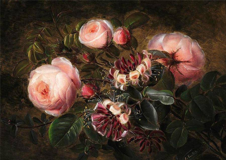 Growing pink roses and honeysuckles, vintage artwork by Johan Laurentz (J.L.) Jensen, A3 (16x12") Poster Print