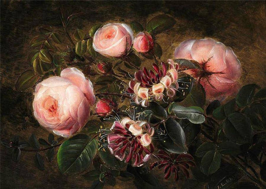 Growing pink roses and honeysuckles, vintage artwork by Johan Laurentz (J.L.) Jensen, A3 (16x12") Poster Print