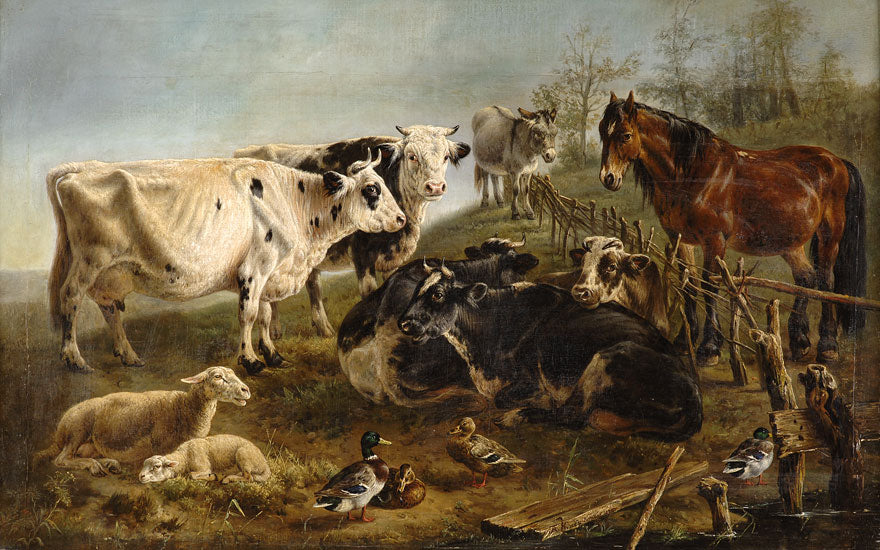 Livestock grazing with ducks, horses and donkeys in the paddock, vintage artwork by Joseph August Knip, 12x8" (A4) Poster