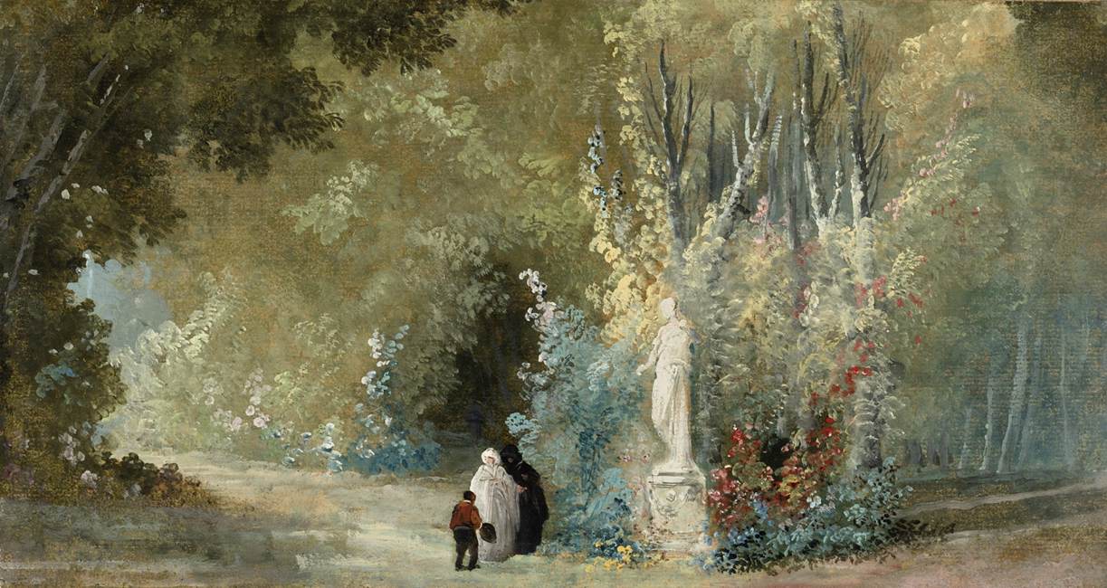 Landscape with Three Figures before a Statue, vintage artwork by Hubert Robert, 12x8" (A4) Poster