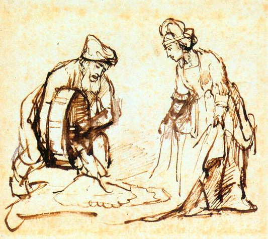 Boaz Casting Barley into Ruth's Veil, vintage artwork by Rembrandt van Rijn, 12x8" (A4) Poster
