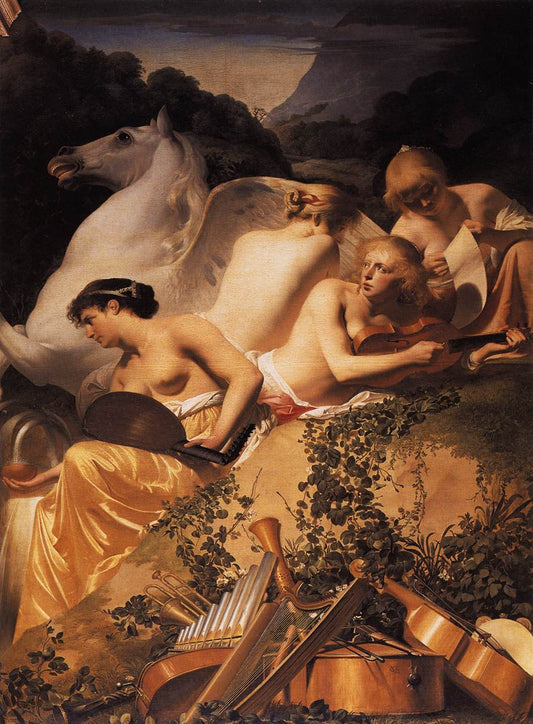 Four Muses and Pegasus on Parnassus, vintage artwork by Caesar van Everdingen, 12x8" (A4) Poster