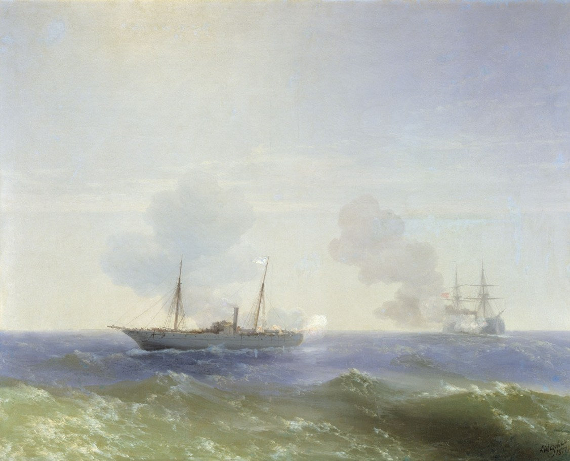 Battle of Steamship Vesta and Turkish Ironclad, vintage artwork by Ivan Constantinovich Aivazovsky, A3 (16x12") Poster Print