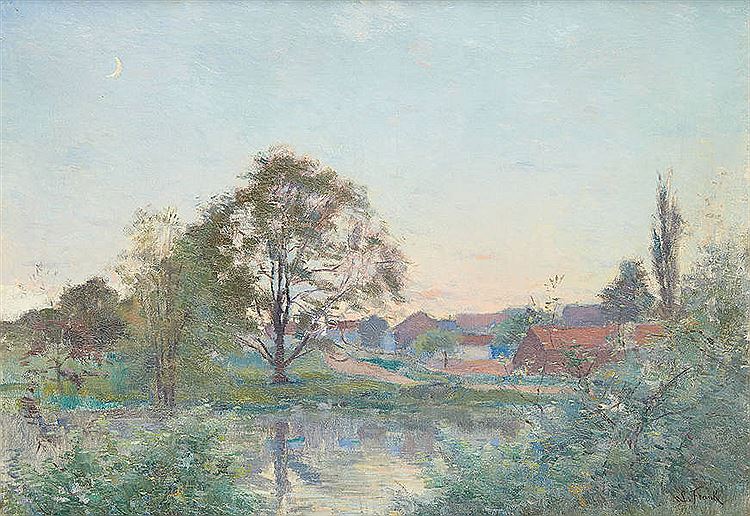 Moonrise over the Pond, vintage artwork by Lucien Frank, 12x8" (A4) Poster