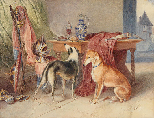 An interior with greyhounds and a still-life with pieces of armour, vintage artwork by Johann Matthias Ranftl, A3 (16x12") Poster Print
