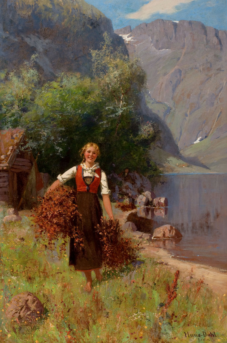 Girl in a Fjord Landscape, vintage artwork by Hans Dahl, 12x8" (A4) Poster