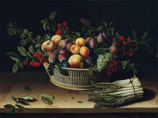 Still Life with a Basket of Fruit and a Bunch of Asparagus, vintage artwork by Louise Moillon, 12x8" (A4) Poster