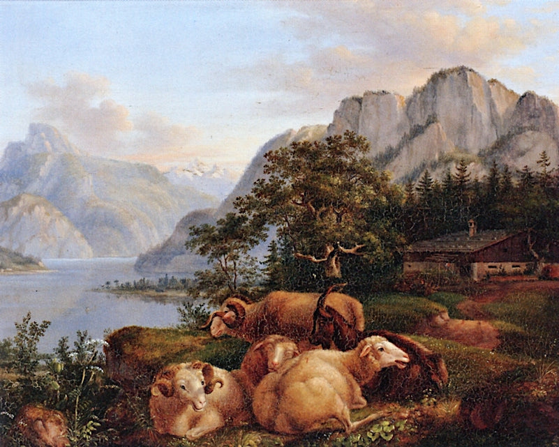 Goats, Sheep, and Rams in Mountainous Landscape, vintage artwork by Karl Friedrich Thiele, 12x8" (A4) Poster