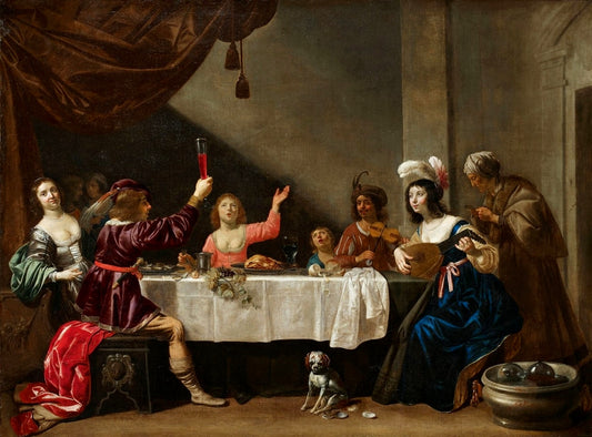 An interior scene with musicians and elegant figures dining, vintage artwork by Workshop of Jan van Bijlert, 12x8" (A4) Poster