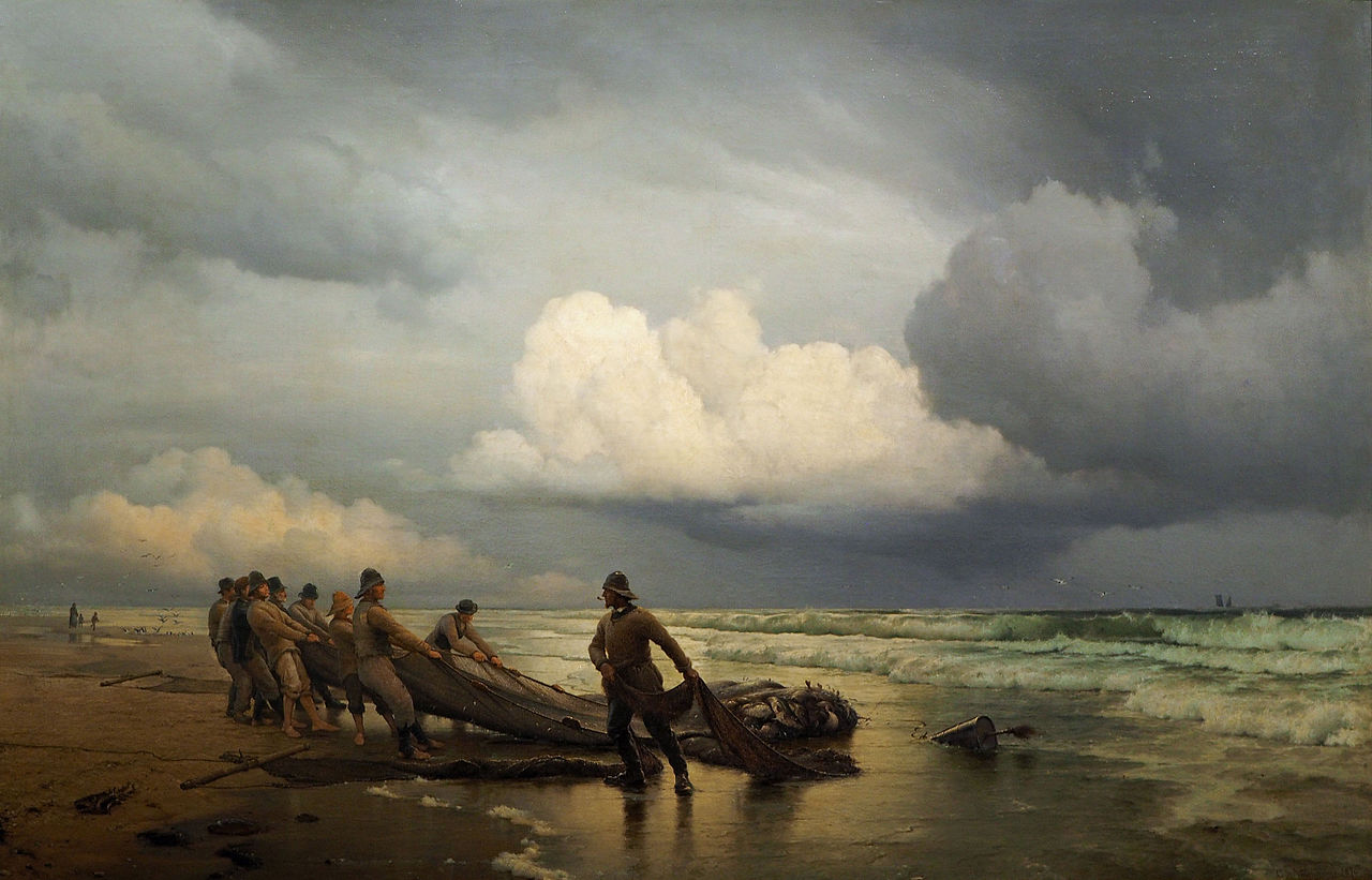 Fishermen pick up the nets at Skagen, vintage artwork by Carl Neuman, 12x8" (A4) Poster
