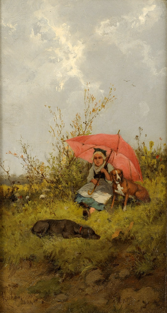 The Red Parasol, vintage artwork by Roman Kochanowski, 12x8" (A4) Poster