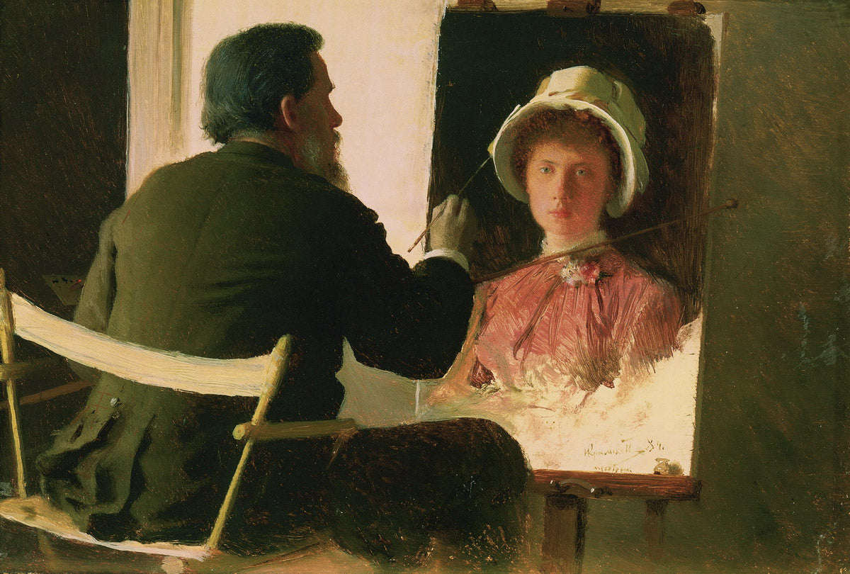Ivan Kramskoi Painting a Portrait of His Daughter Sofia, vintage artwork by Ivan Kramskoi, 12x8" (A4) Poster