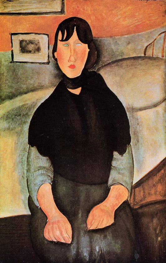 Dark Young Woman Seated by  a Bed, vintage artwork by Amedeo Modigliani, 12x8" (A4) Poster