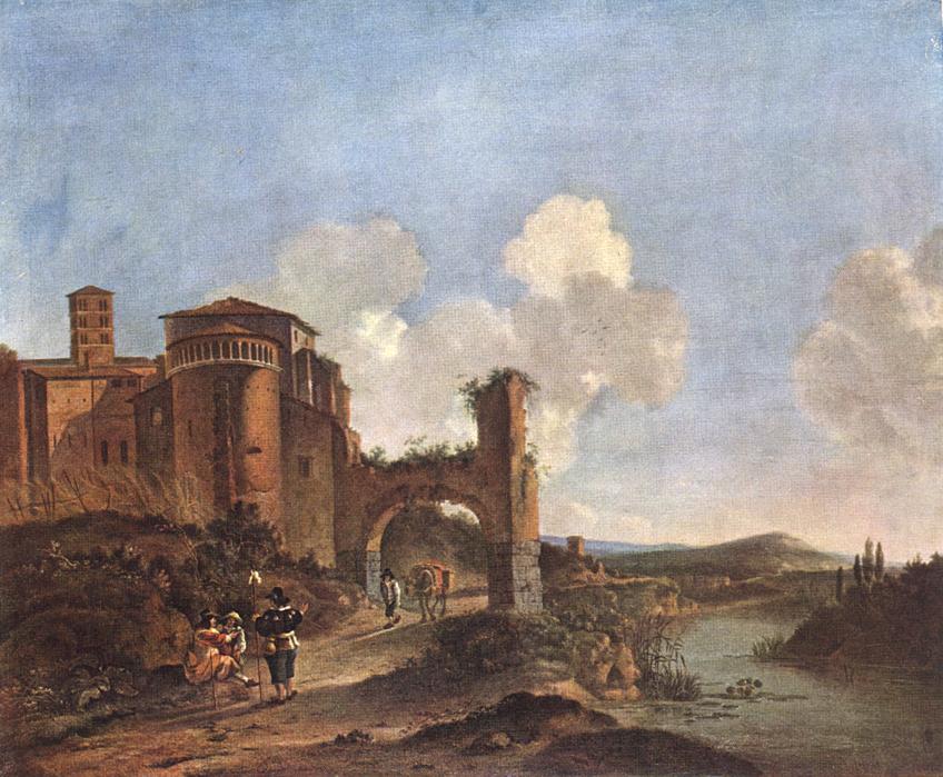 Italian Landscape with the Church of Sts. Giovanni e Paolo in Rome, vintage artwork by Jan Asselijn, 12x8" (A4) Poster