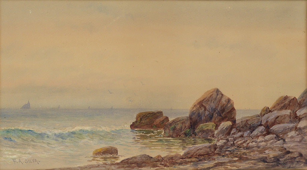 View of a Rocky Coastline, vintage artwork by Francis A. Silva, 12x8" (A4) Poster
