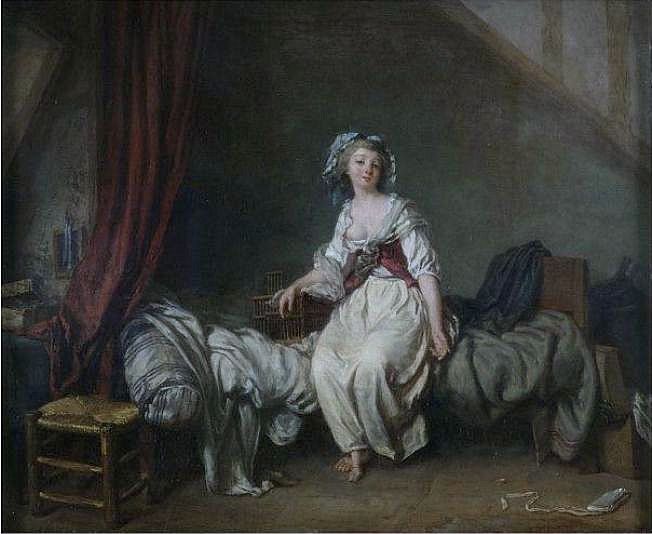 Girl with a Birdcage Seated on a Bed, vintage artwork by Jean-Frederic Schall, 12x8" (A4) Poster