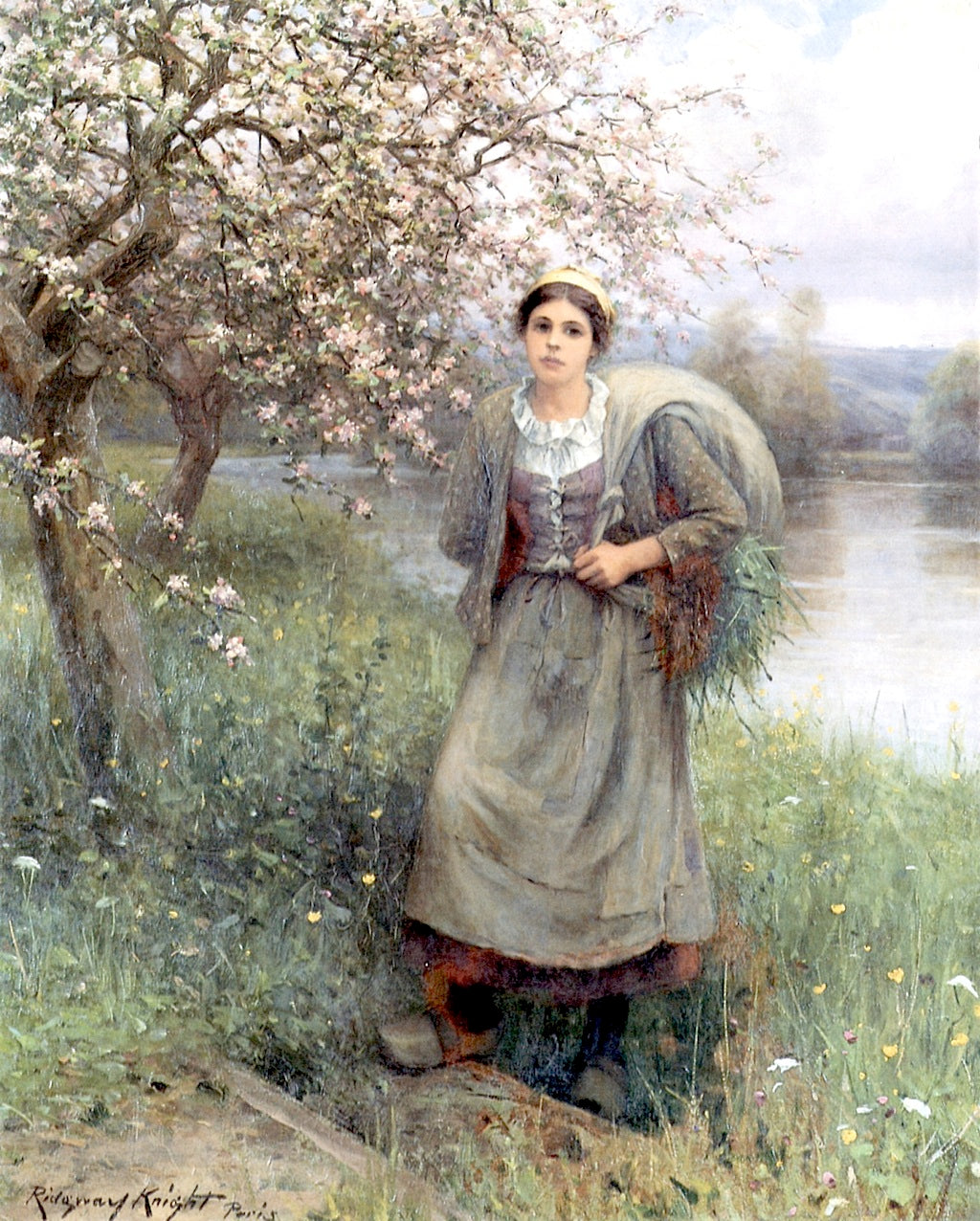 Apple Blossoms in Normandy, vintage artwork by Daniel Ridgway Knight, 12x8" (A4) Poster