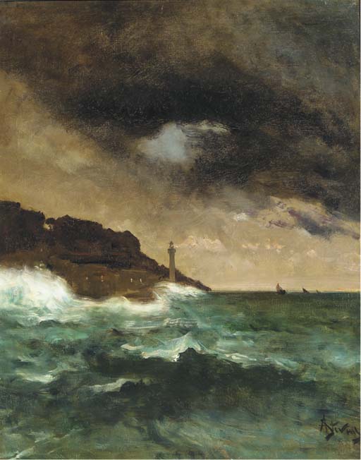 Lighthouse at dusk, vintage artwork by Alfred Émile Leopold Stevens, 12x8" (A4) Poster