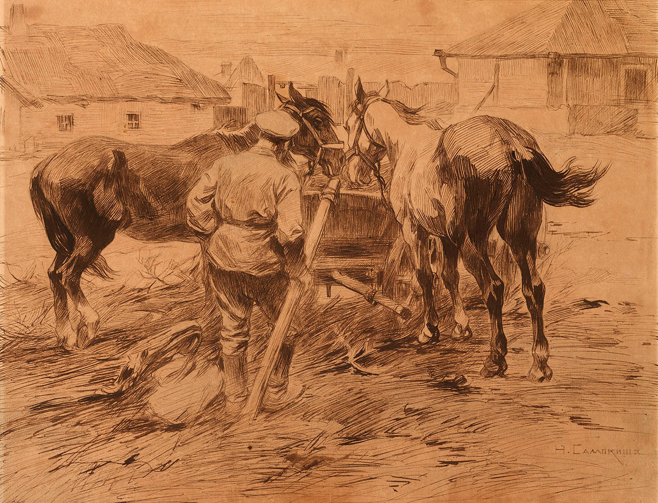 Feeding the Horses, vintage artwork by Nikolai Samokish, 12x8" (A4) Poster