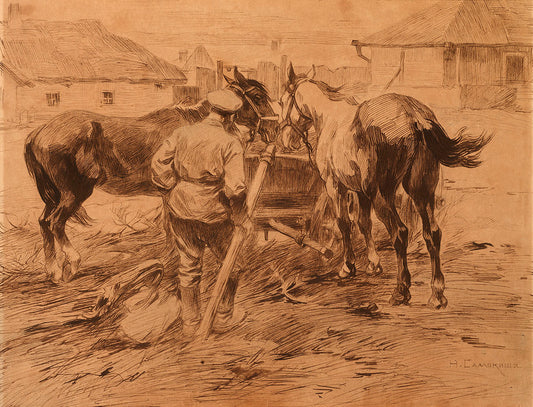Feeding the Horses, vintage artwork by Nikolai Samokish, 12x8" (A4) Poster