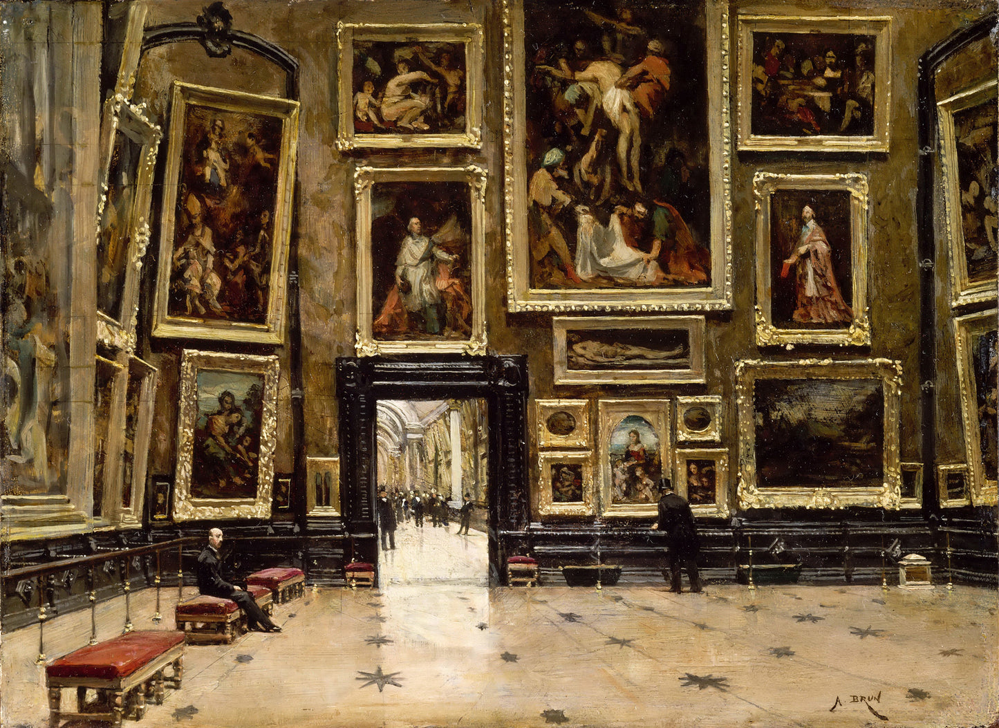 View of the Salon Carre at the Louvre, vintage artwork by Alexandre Brun, 12x8" (A4) Poster