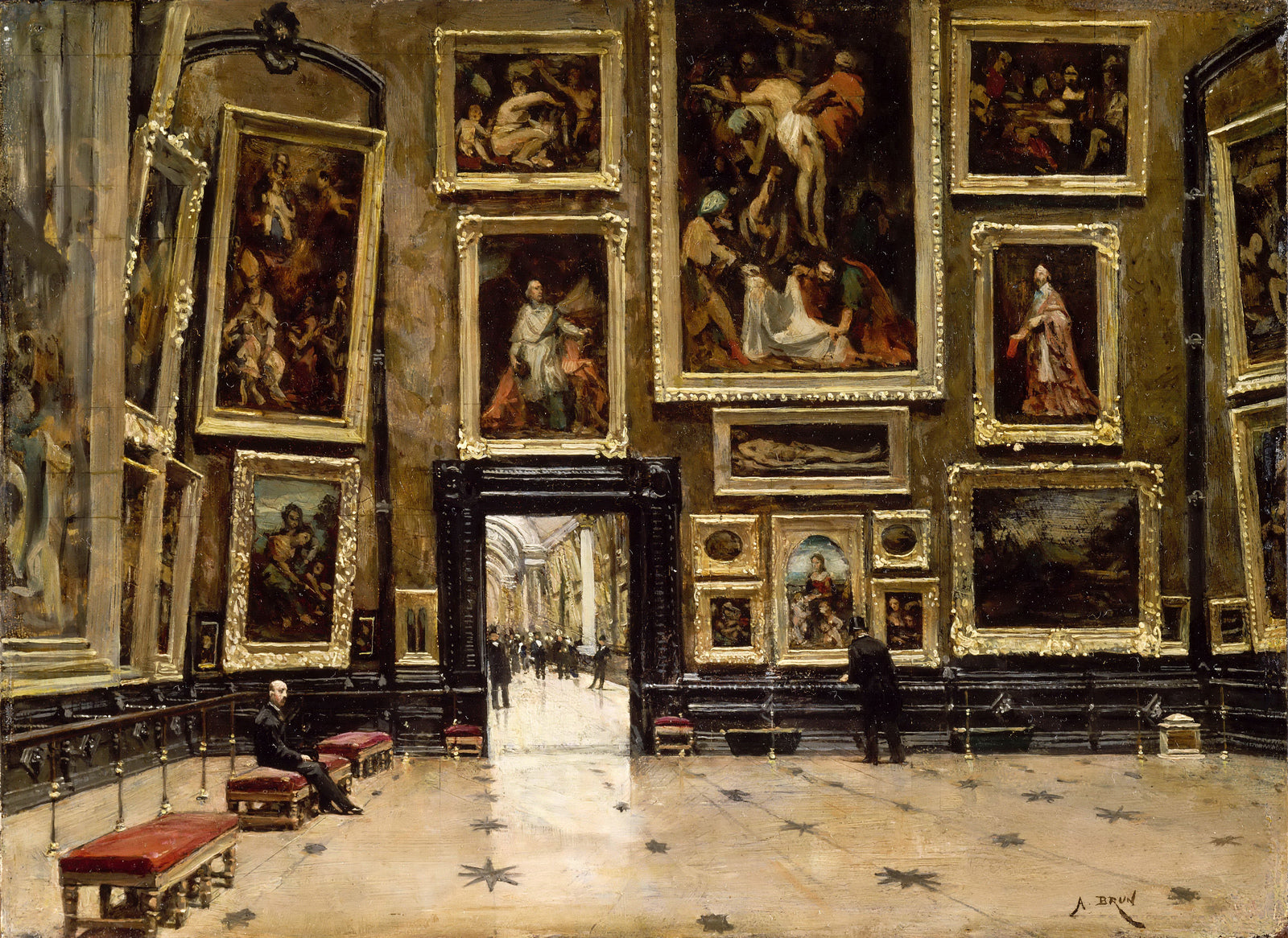 View of the Salon Carre at the Louvre, vintage artwork by Alexandre Brun, 12x8" (A4) Poster