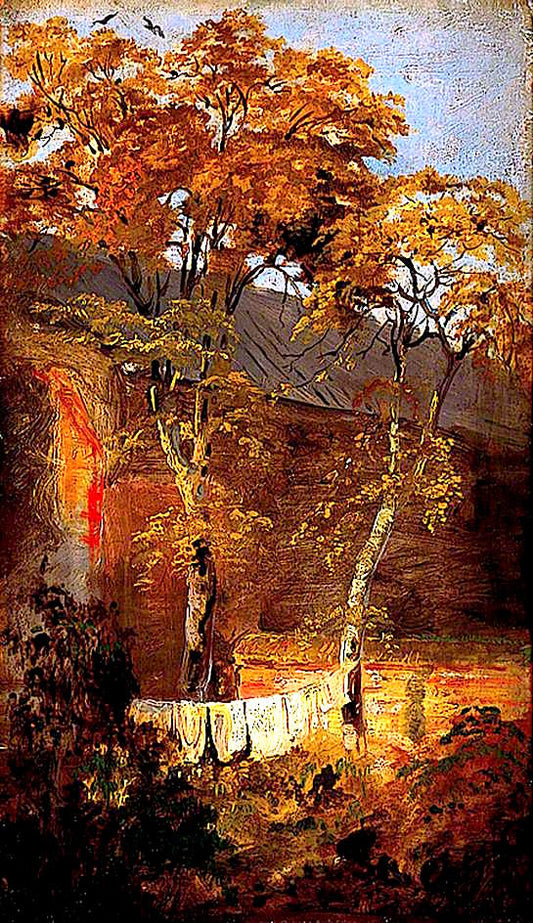 Corner of a Walled Garden with Washing on a Line, vintage artwork by Joseph Clover, 12x8" (A4) Poster