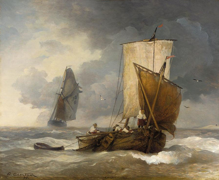 Fishing Boats in Stormy Seas, vintage artwork by Andreas Achenbach, A3 (16x12
