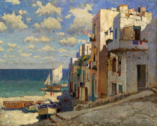 Fishing Street, Capri, vintage artwork by Konstantin Gorbatov, 12x8" (A4) Poster