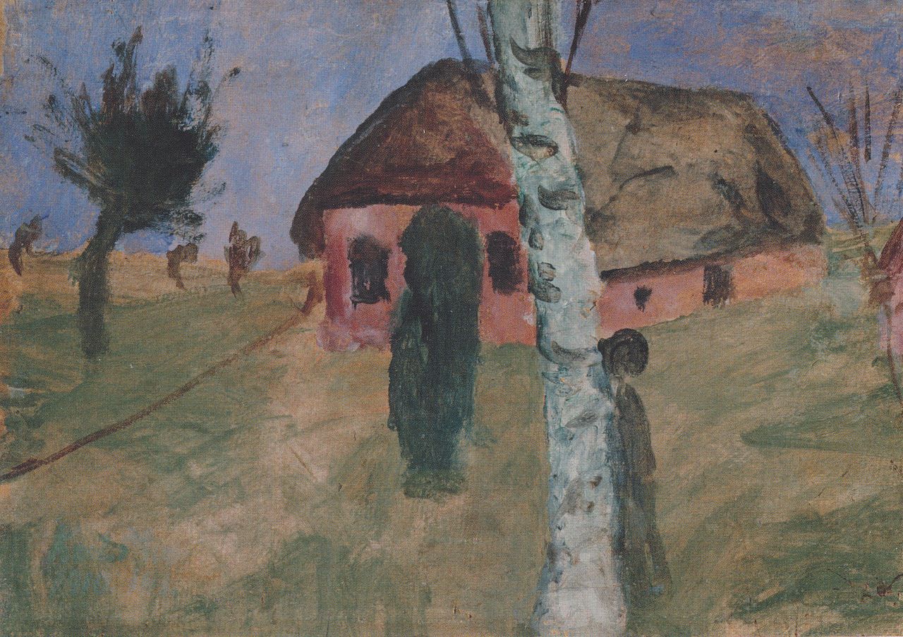 Red House with Birch Tree, vintage artwork by Paula Modersohn-Becker, 12x8" (A4) Poster