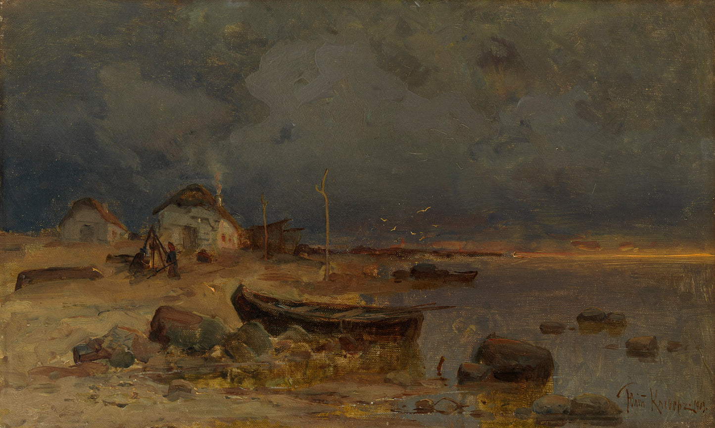 Boat by  the Shore, vintage artwork by Julius Klever, 12x8" (A4) Poster