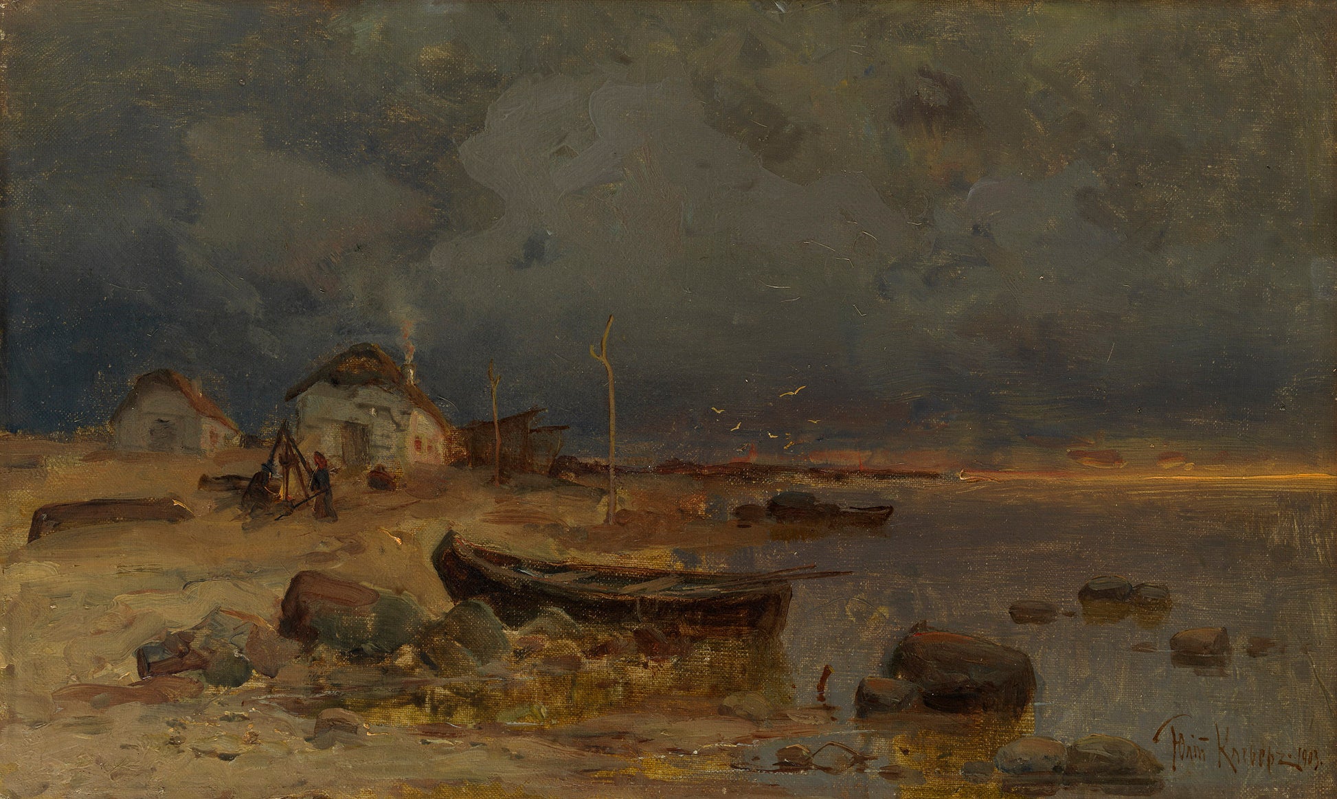 Boat by  the Shore, vintage artwork by Julius Klever, 12x8" (A4) Poster