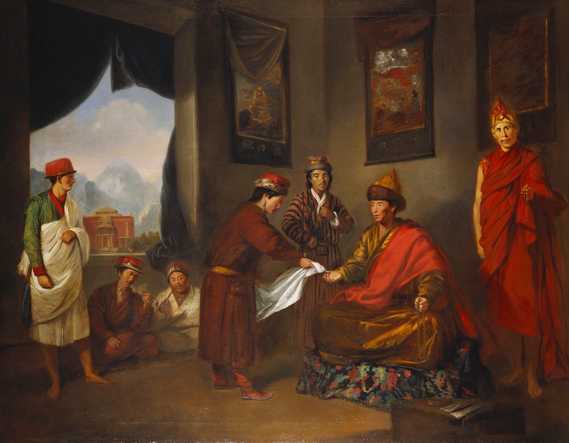 The Teshu Lama (d 1780) Giving Audience, vintage artwork by Attributed to Tilly Kettle, 12x8" (A4) Poster