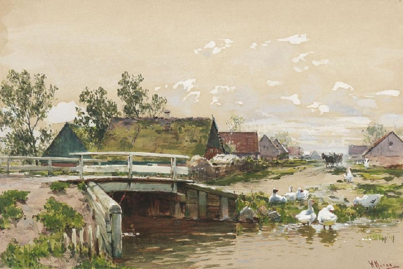 Landscape with Geese on the Riverbank, vintage artwork by Walter Moras, 12x8" (A4) Poster
