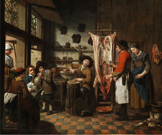 Workshop with a shoemaker, a butcher and a lacemaker, vintage artwork by Jan Josef Horemans the Elder, 12x8" (A4) Poster