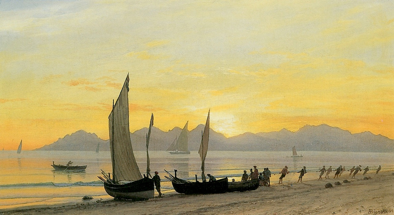 Boats Ashore at Sunset, vintage artwork by Albert Bierstadt, 12x8" (A4) Poster