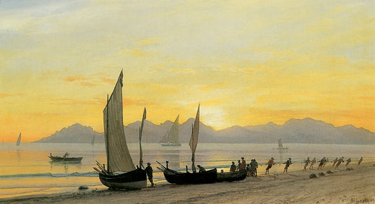 Boats Ashore at Sunset, vintage artwork by Albert Bierstadt, 12x8" (A4) Poster