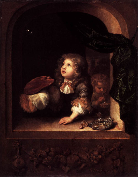 Two Boys Blowing Bubbles, vintage artwork by Caspar Netscher, 12x8" (A4) Poster