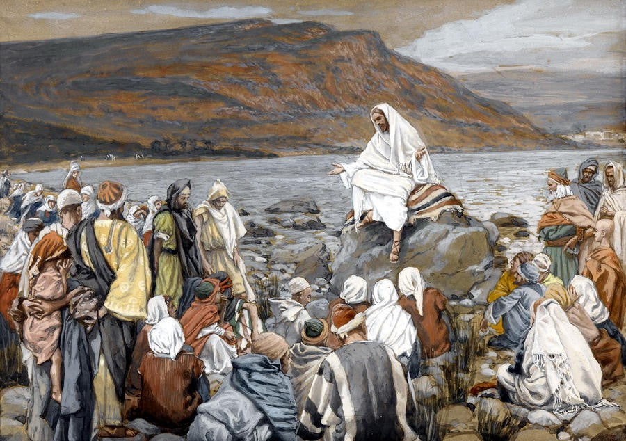 Jesus Teaches the People by  the Sea, vintage artwork by James Tissot, 12x8" (A4) Poster