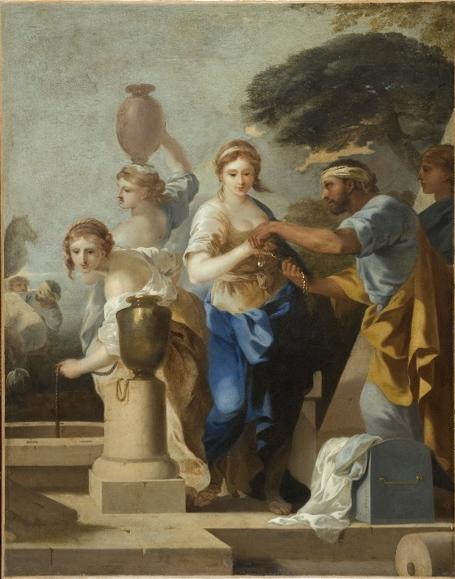 Eliezar and Rebecca at the Well, vintage artwork by Sebastien Bourdon, 12x8" (A4) Poster