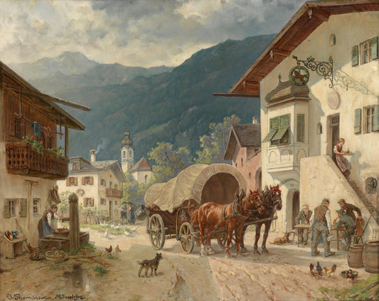 Stopping at the Coaching Inn, vintage artwork by Desire Thomassin-Renardt, 12x8" (A4) Poster