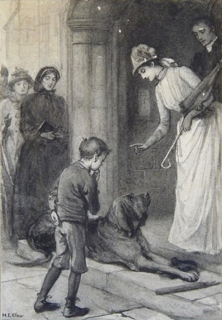 Scene in a church square, vintage artwork by Mary Louisa Gow, 12x8